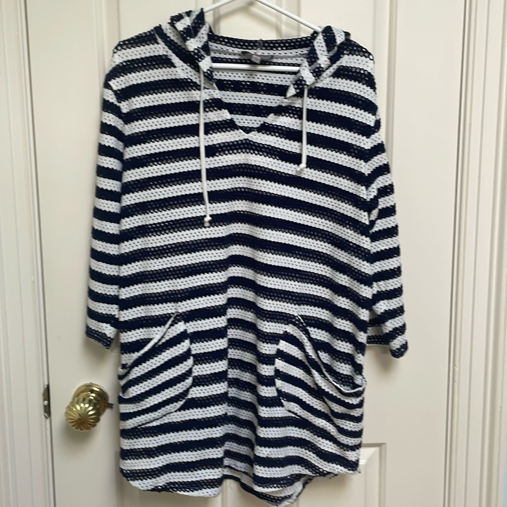 Forcynthia Beachwear sz L navy white stripe slanted slouch pockets hood mesh